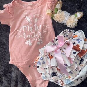 Pink "My 1st Easter" Baby Onesie Set with Floral Headband and Ruffle Bloomers